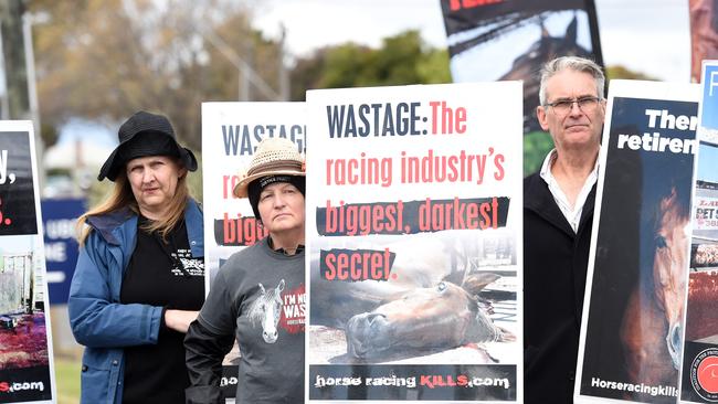 Cup animal rights protesters outside the race track. Picture: David Smith