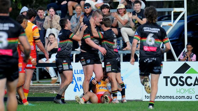 Sawtell celebrating a try to Sam Johnstone. Picture: Leigh Jensen