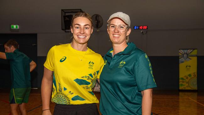 Mariah Williams and Shana-Ann Casimiro as Olympians and scholarship coaches run training sessions for Katherine youth at RAAF Base Tindal. Picture: Pema Tamang Pakhrin