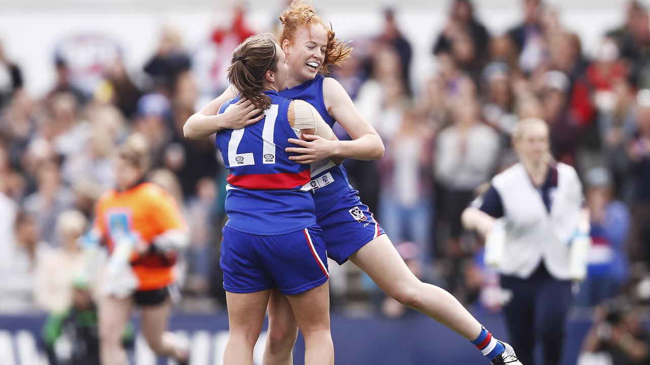 Sophie Molan celebrates a goal during the VFLW Grand Final between the Western Bulldogs and Collingwood. Photo: Daniel Pockett