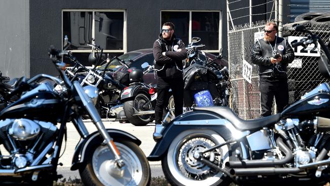 Rebels bikies outside the Sunshine clubrooms. Picture: Nicole Garmston