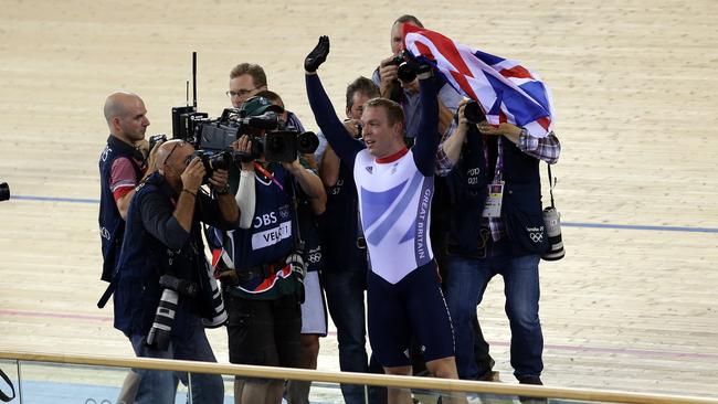 Hoy celebrating a gold medal win during the London Olympics.