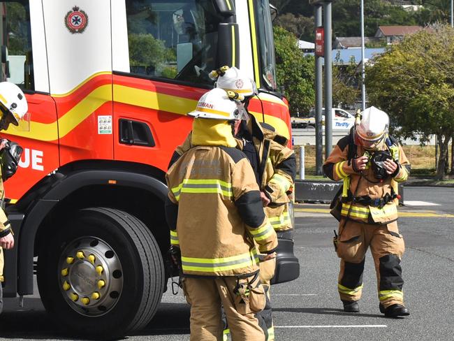 Emergency services responded to a bomb threat at Mt Pleasant Centre with customers and workers evacuated to the KFC car park. Picture: Lillian Watkins fire QFES generic