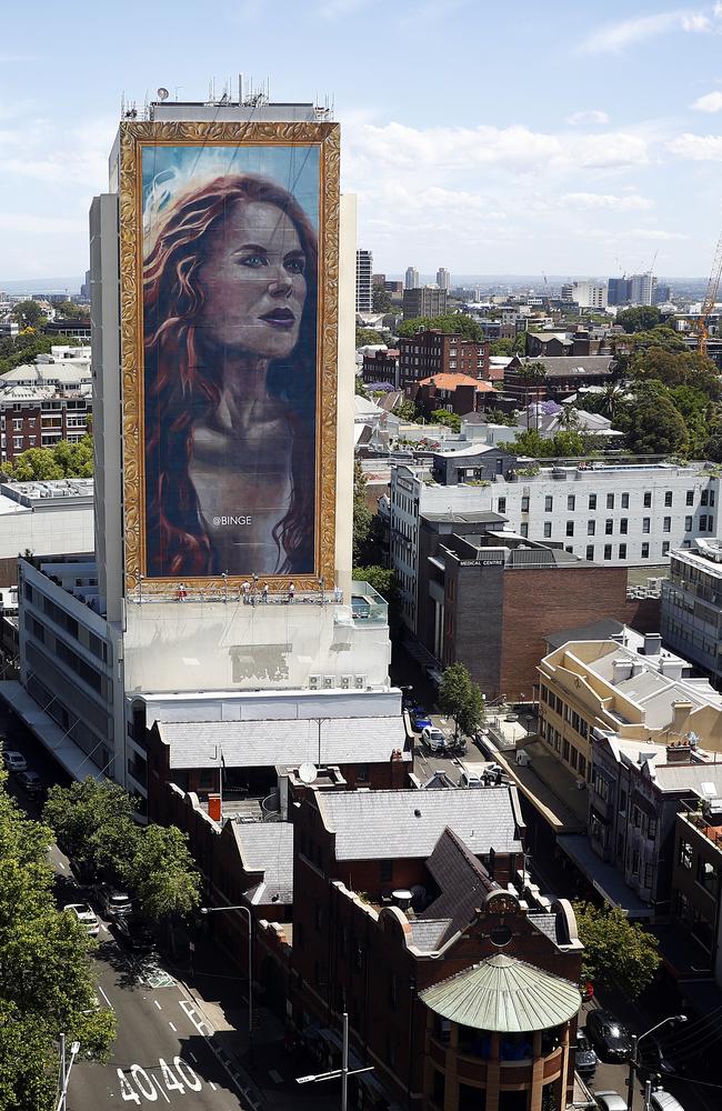 A huge 18 storey mural of Nicole Kidman was unveiled in Kings Cross today. Picture: Sam Ruttyn