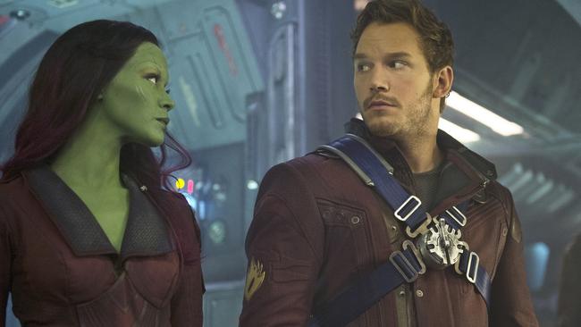 Marvel's Guardians Of The Galaxy. Gamora played by Zoe Saldana and Peter Quill played by Chris Pratt.