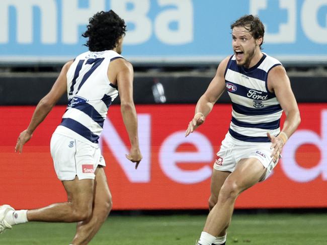 Lawson Humphries celebrates his first goal at AFL level. Picture: Martin Keep/AFL Photos