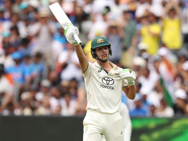 MELBOURNE, AUSTRALIA - DECEMBER 26: Sam Konstas of Australia celebrates after reaching his half century during day one of the Men's Fourth Test Match in the series between Australia and India at Melbourne Cricket Ground on December 26, 2024 in Melbourne, Australia. (Photo by Robert Cianflone/Getty Images)