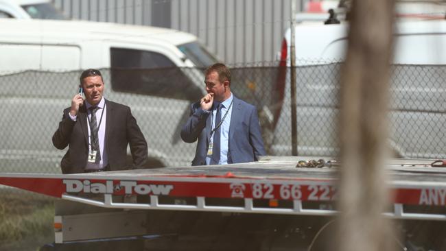 Detectives at the scene of a fatal industrial accident in Dry Creek. Picture: Tait Schmaal