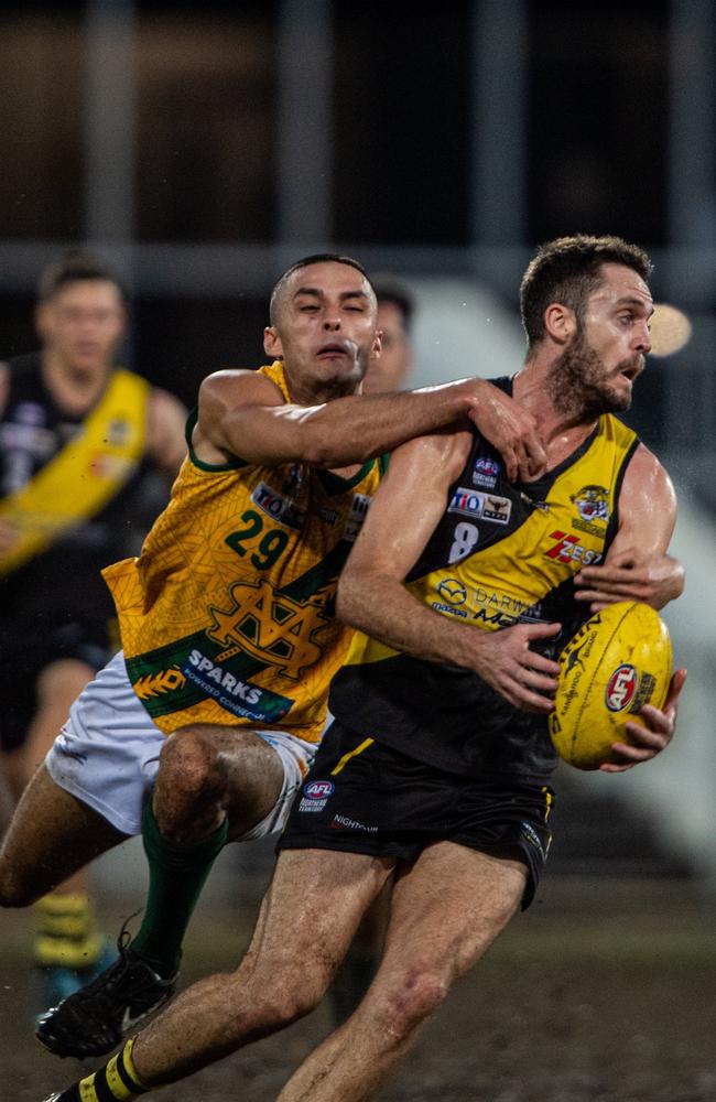 Tex Korewha and Ben Vile in the 2023-24 NTFL Men's Grand Final between Nightcliff and St Mary's. Picture: Pema Tamang Pakhrin