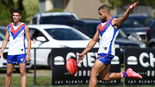 Ahmed Saad kicks a goal for West Preston-Lakeside. Picture: Steve Tanner