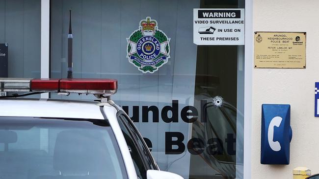 A hole in the door of the police beat. Picture: Nigel Hallett