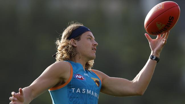 Recruit Jack Ginnivan gets a handle on the Sherrin. Picture: Michael Klein