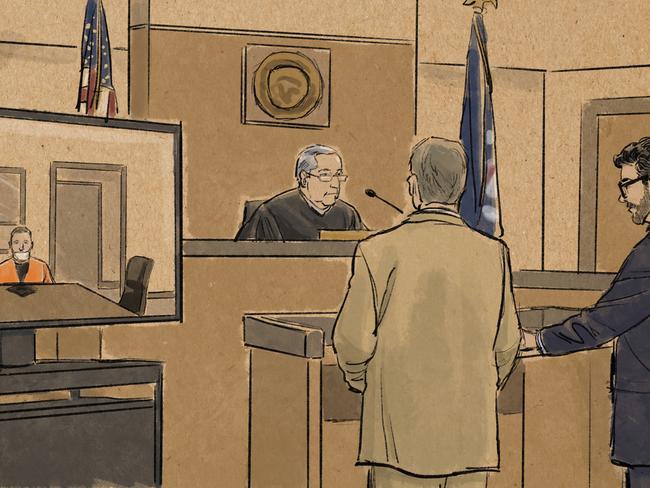 In this courtroom sketch, former Minneapolis police officer Derek Chauvin (left) appears on closed-circuit television. Picture: AP