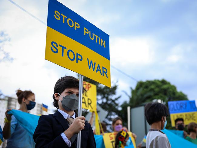 A protester at a rally outside the Russian Federation embassy in Kuala Lumpur, Malaysia. Picture: Getty Images