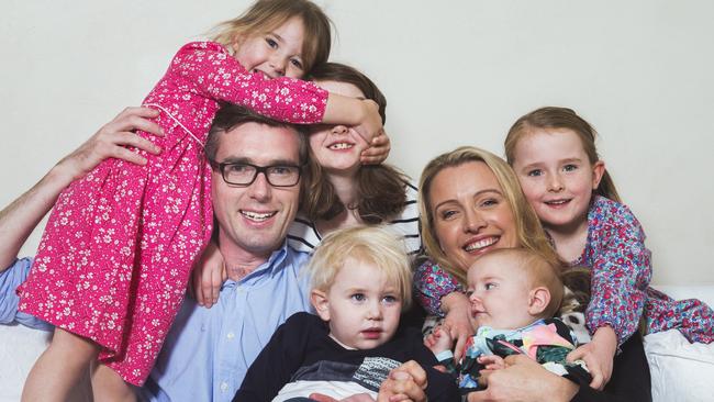 New Premier Dominic Perrottet with his wife Helen and five of their six children: Harriet, William, Annabelle, Amelia and Charlotte. Picture: Jenny Evans