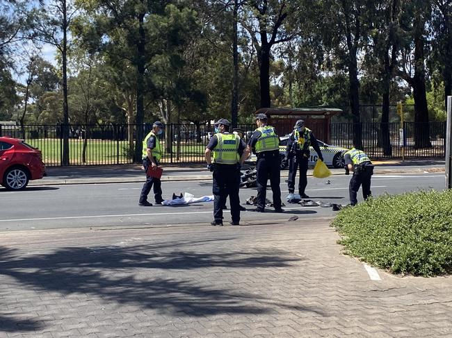 A motorbike and a car have collided on Gorge Road at Paradise. Picture: Gabriel Polychronis