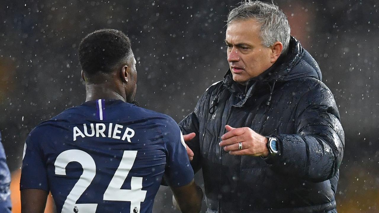 ose Mourinho, congratulating Ivorian defender Serge Aurier, has steered Spurs to four wins from their last five starts. Picture: Paul Ellis