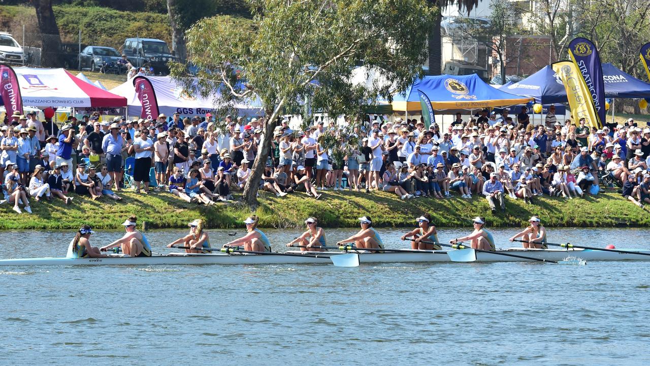 A Geelong Grammar crew in action at the Head of the Schoolgirls' Regatta 2019 on the Barwon River in Geelong. Picture: Stephen Harman