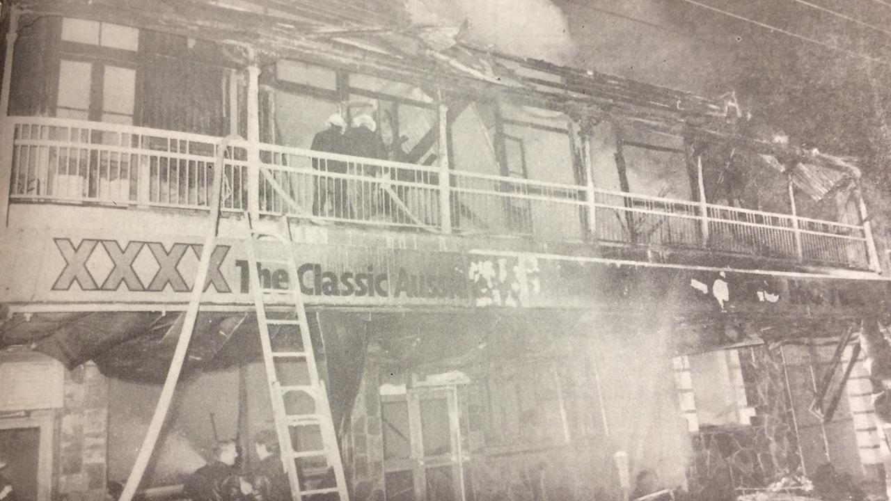 TUESDAY, AUGUST 8, 1989: Firemen battle smoke and flames in the early hours of the morning as they try to contain a blaze which destroyed the Tattersalls Hotel in Mary St. Seven people escaped, some by minutes, as the historic pub burst into flames just before midnight on Sunday. Witnesses said they heard an explosion just as the fire started. Photo Rowena Robertson / Gympie Times