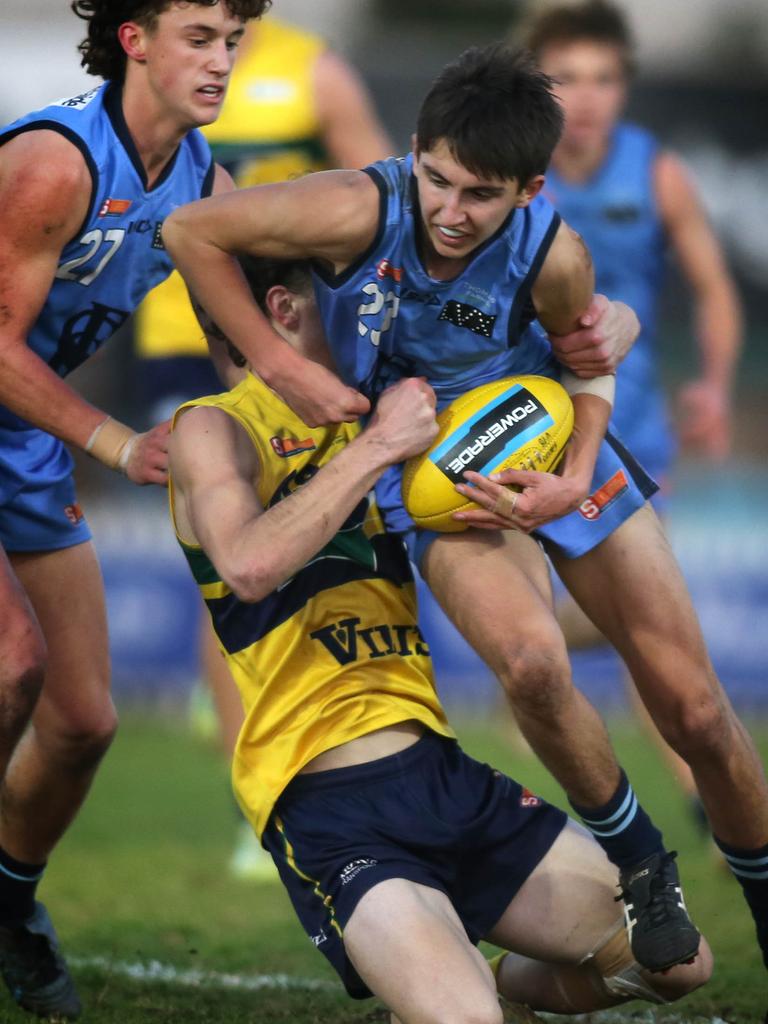 Sturt’s Louis Kellaway tries to break a tackle. Picture: Dean Martin