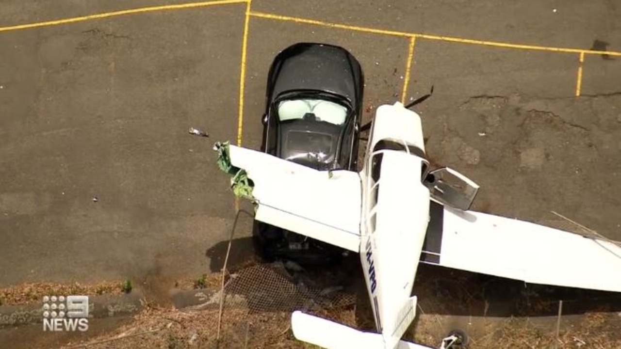 The aircraft got into trouble moments after taking off and tried to land on the nearby Bankstown Racing club. Picture: 9 NEWS