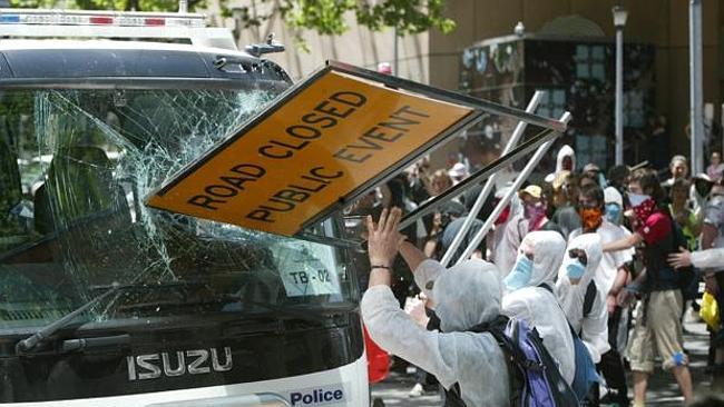 A scene from the protests when the G20 were last here in Melbourne. It is considered unlikely there will be protests of the same scale as the political atmosphere is vastly different. Picture: Herald Sun