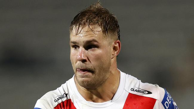 Jack de Belin hitting the ball up during his NRL return for the Dragons against the Broncos during their round 13 game at Netstrata Jubilee Stadium. Picture: Jonathan Ng