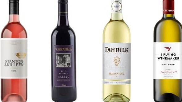 (L-R): 2021 Stanton and Killeen rose, 2019 Warrabilla Reserve malbec, 2021 Tahbilk Marsanne, 2021 The Flying Winemaker pinot grigio.