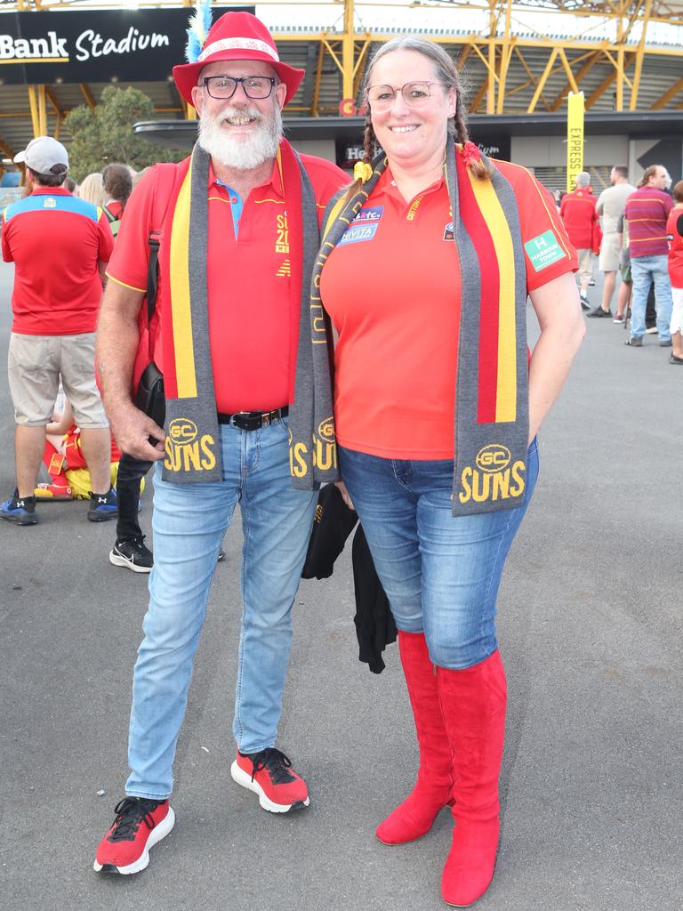 The Gold Coast Suns will host its first AFLW final when they take on the Sydney Swans on Saturday night. Clive and Kim Barnard. 11 November 2023 Carrara Picture by Richard Gosling