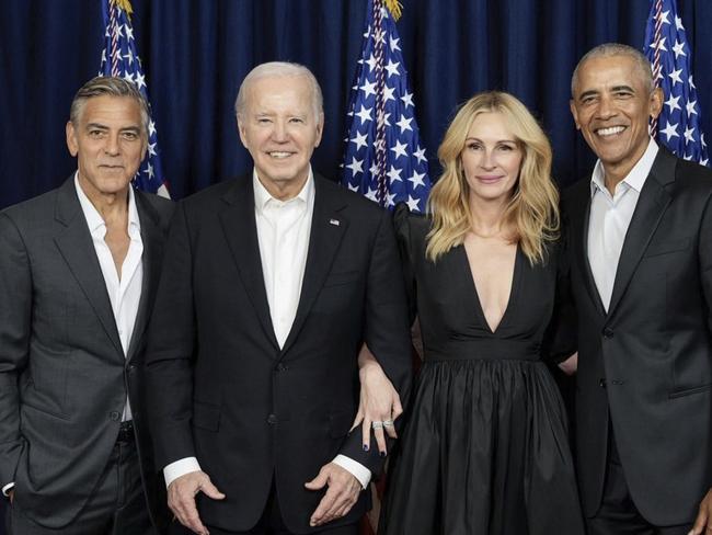 George Clooney, President Joe Biden, Julia Roberts and former president Barack Obama at a Democrat party fundraiser in Los Angeles. Picture: Instagram @juliaroberts