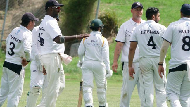 DVCA cricket: Riverside v Epping at Whatmough Park, Oval #1. Epping players celebrate the  duck of Marcus Brooker, Picture: Valeriu Campan