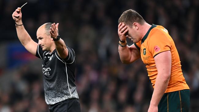 LONDON, ENGLAND - NOVEMBER 13: Angus Bell of Australia reacts as he is shown a yellow card by Referee, Jaco Peyper during the Autumn Nations Series match between England and Australia at Twickenham Stadium on November 13, 2021 in London, England. (Photo by Shaun Botterill/Getty Images)