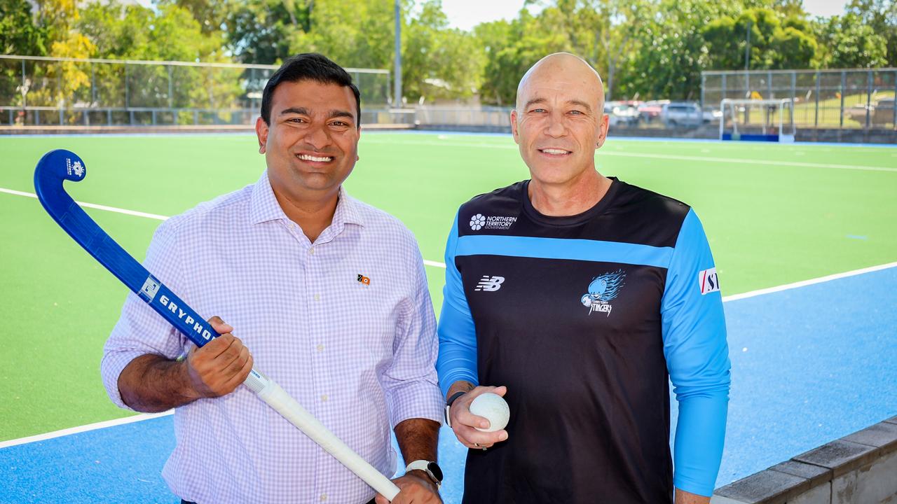 People, sport and culture Minister Jinson Charls and Hockey NT chief executive Jason Butcher at the refurbished second turf.