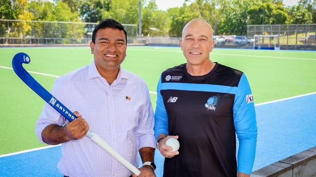 People, sport and culture Minister Jinson Charls and Hockey NT chief executive Jason Butcher at the refurbished second turf.