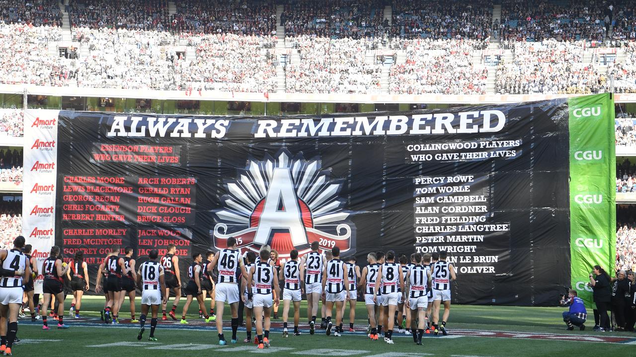 Players of the Magpies and Bombers run through the Anzac Day banner together.