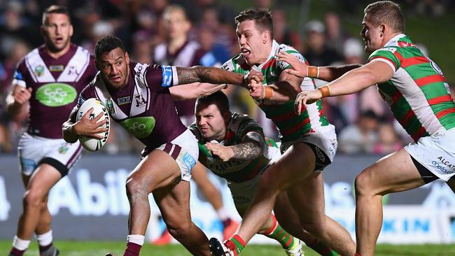 SYDNEY, AUSTRALIA - MARCH 31: Apisai Koroisau of the Sea Eagles makes a break during the round five NRL match between the Manly Sea Eagles and the South Sydney Rabbitohs at Brookvale Oval on March 31, 2016 in Sydney, Australia. (Photo by Cameron Spencer/Getty Images)