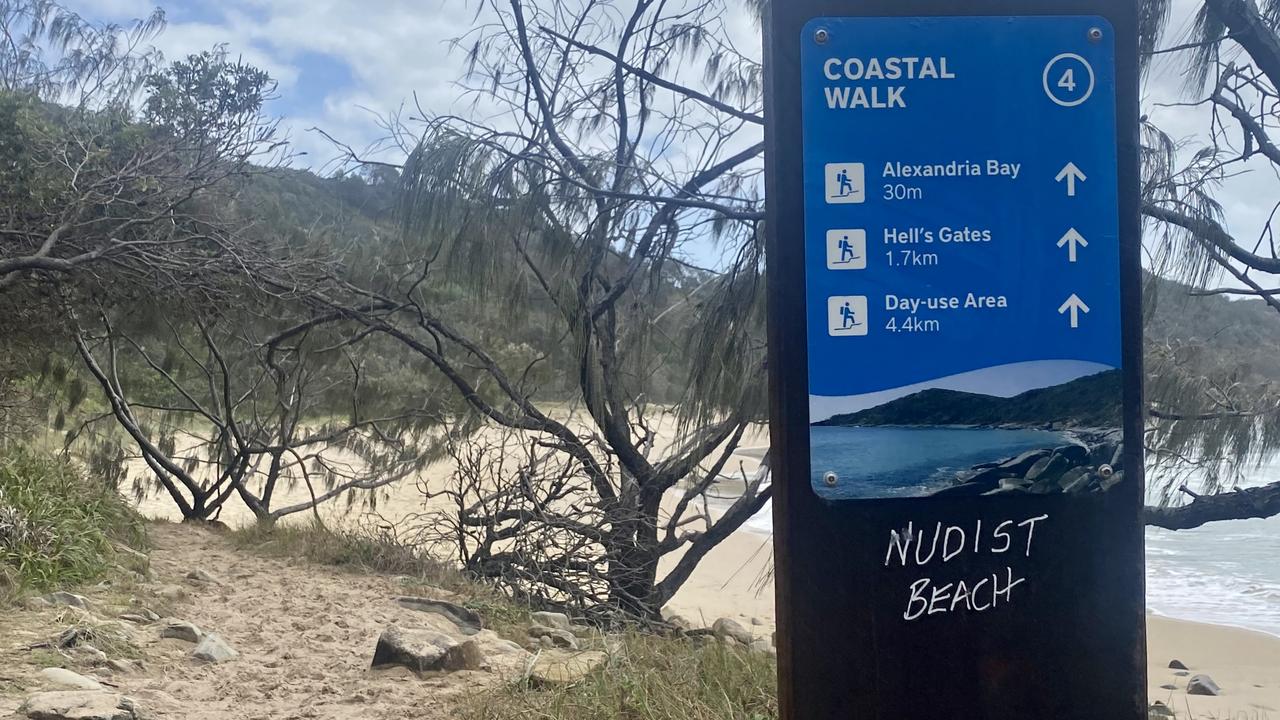 Alexandria Bay, near Noosa, has a hand drawn ‘nudist beach’ sign but is ultimately illegal.