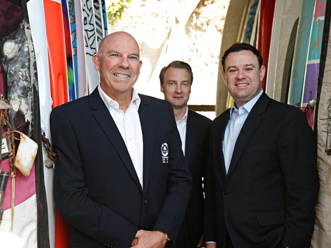 Manly LSC president Chris Bell, Manly MP James Griffin and Sports Minister Stuart Ayres check out the club’s storage. Picture: Adam Yip.