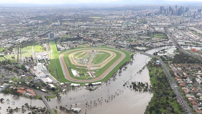 An aerial image of the floodwaters surrounding Flemington Racecourse after heavy rains last month. Picture: David Caird