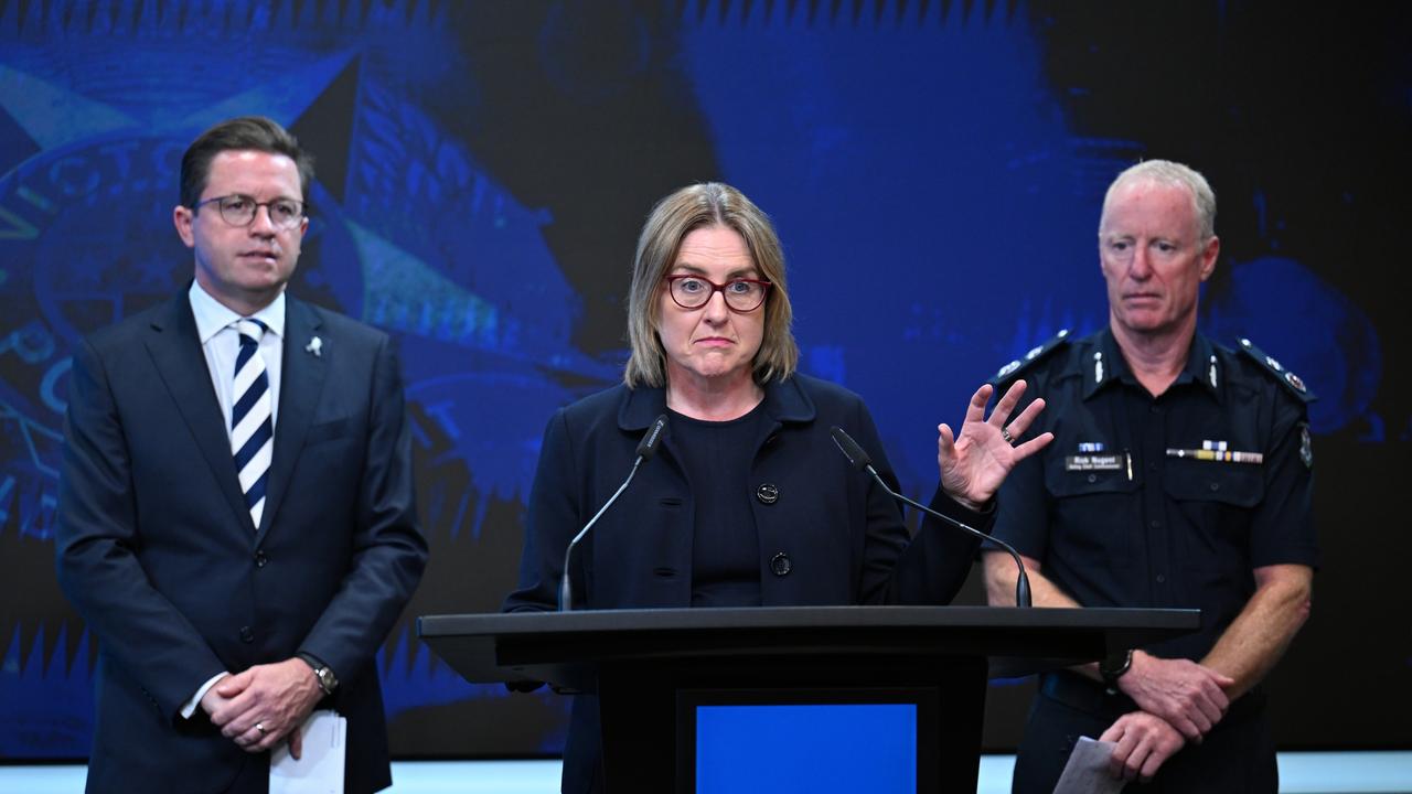 Premier Jacinta Allan (centre), Victoria Police Minister Anthony Carbines and Acting Chief Commissioner Rick Nugent. Picture: AAP Image/James Ross