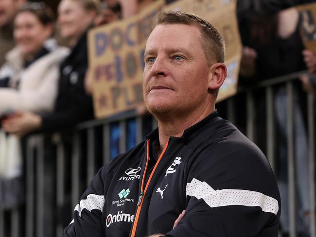 PERTH, AUSTRALIA - JULY 09: Michael Voss, head coach of the Blues looks on after winning the round 17 AFL match between Fremantle Dockers and Carlton Blues at Optus Stadium, on July 09, 2023, in Perth, Australia. (Photo by Paul Kane/Getty Images)
