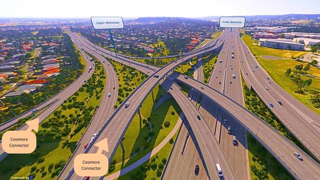 TMR designs show the Coomera Connector will split into two sections after Eagleby with one section going west to the Logan Motorway toll road and another section going north to join the Pacific Motorway at Loganholme. Picture: TMR