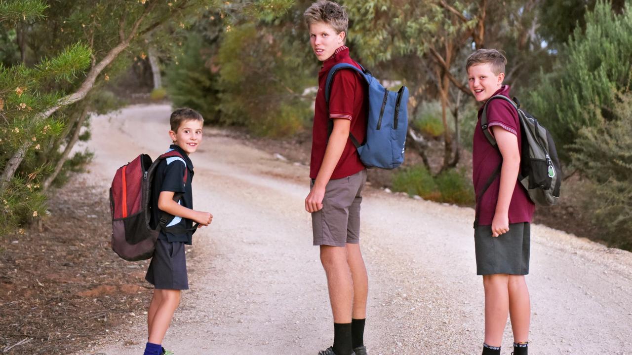 (L-R) Felix Jericho, Year 4, Max Jericho, Year 11 and Sam Jericho Year 8, walking to get the bus from their Riverland home. Picture: Karen Jericho