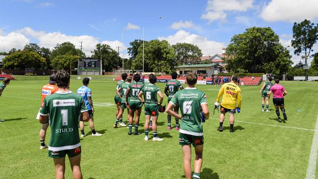 Ipswich Jets players watch a halftime conversion.Picture: Kevin Farmer