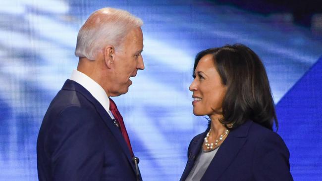 Joe Biden and Kamala Harris after the third Democratic primary debate. Picture: AFP.