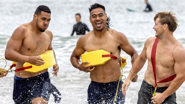 WARNING. ON HOLD FOR WEEKEND HERALD SUN.  18 January 2025: Melbourne Storm pre-season training camp at Torquay beach. Eliesa Katoa, Ativalu Lisati, Setu Tu, Harry GrantPicture: David Geraghty