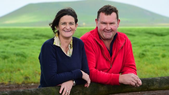 Figures focus: Matthew and Rachel Hinkley on their cropping farm near Derrinallum in Victoria’s Western District. Picture: Zoe Phillips.