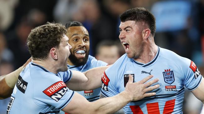 DAILY TELEGRAPH JULY 12, 2023. Bradman Best celebrating his try during the State of Origin game 3 between the NSW Blues and QLD Maroons at Accor Stadium, Sydney Olympic Park. Picture: Jonathan Ng