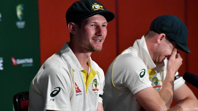 Cameron Bancroft and Steve Smith answer questions after the first Test.