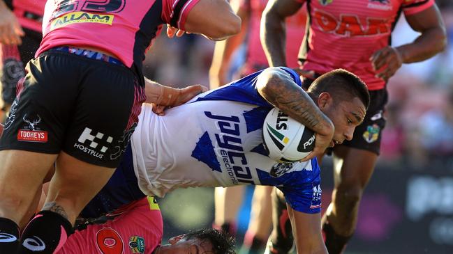 Bulldogs Michael Lichaa scores try during the Penrith Panthers v Canterbury Bulldogs pre season trial game Pepper Stadium , Penrith. Pic Jenny Evans